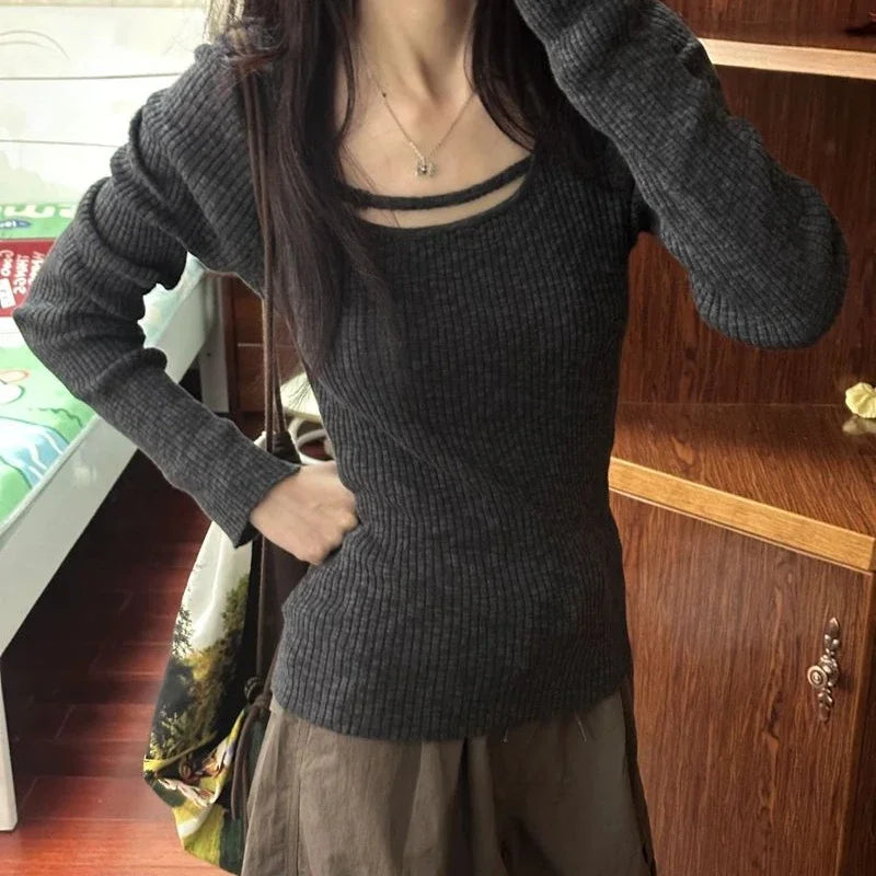 Sexy Hollow Solid Sweater Women Y2k Aesthetic Slim Fit Knitted Harajuku Jumper All Match Korean Sexy Pullover Female Knitwear