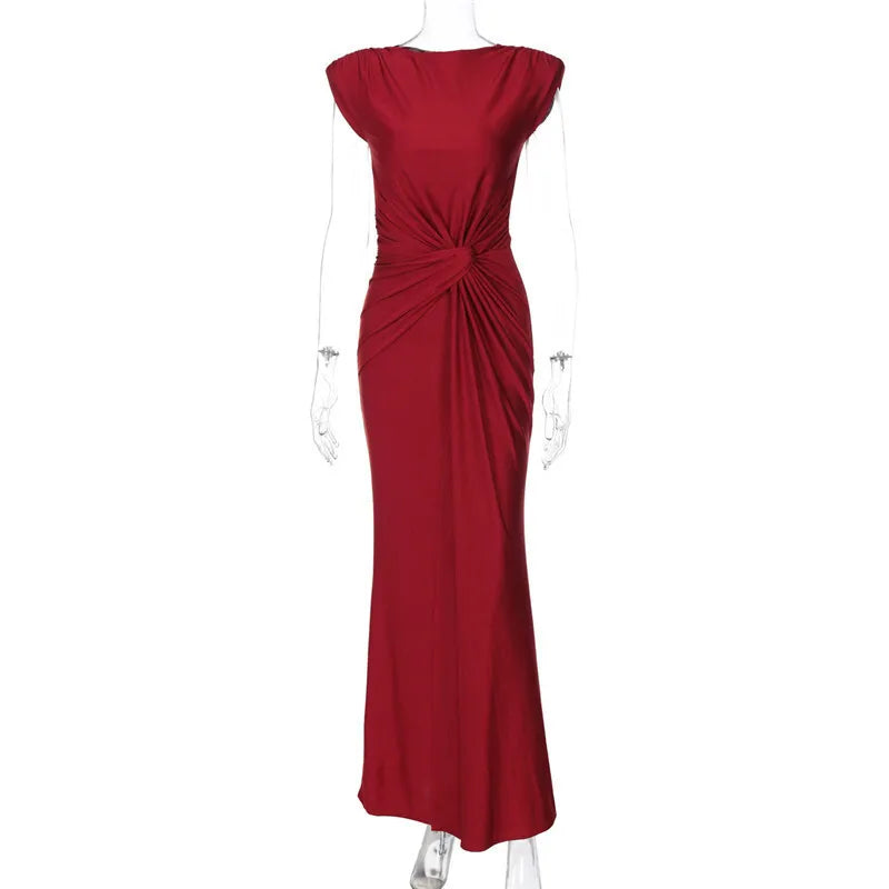 Sleeveless Ruched Sexy Maxi Dress For Women Gown Fashion Solid O Neck High Waist Bodycon Club Long Dress Vestido