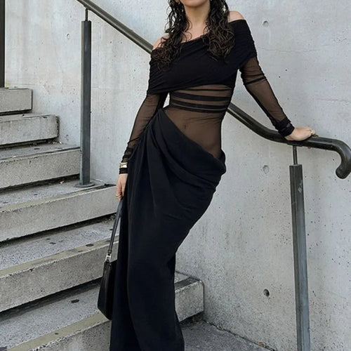 Load image into Gallery viewer, Elegant Mesh Patchwork One Shoulder Dress For Women 2025 New Women Sexy Mesh Perspective Long Dress Party Evening Dress
