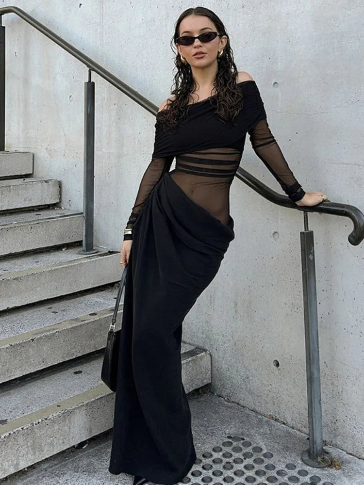 Elegant Mesh Patchwork One Shoulder Dress For Women 2025 New Women Sexy Mesh Perspective Long Dress Party Evening Dress