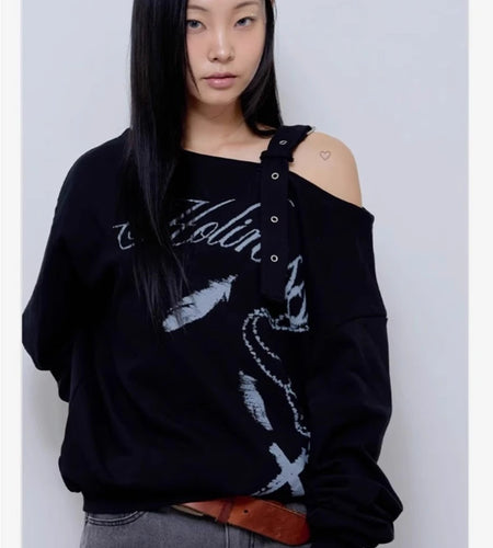 Vintage Sweatshirts for Women Letter Print Long Sleeve Loose Sexy Tops Y2k Clothing Off Shoulder Casual Hoodies 2024 Ropa Mujer