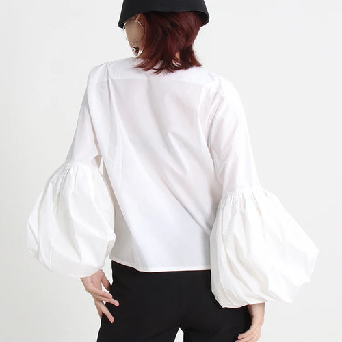 Load image into Gallery viewer, Solid Loose Shirts For Women Deep V Neck Lantern Sleeve Ruched Blouses Female Clothing Autumn Casual Fashion
