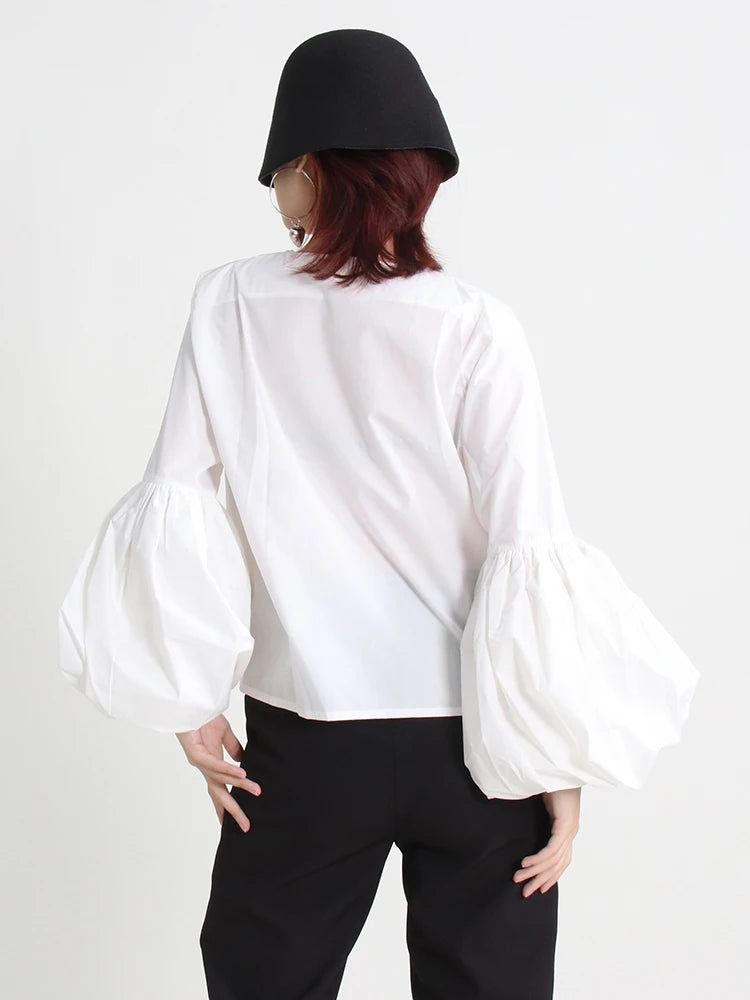 Solid Loose Shirts For Women Deep V Neck Lantern Sleeve Ruched Blouses Female Clothing Autumn Casual Fashion