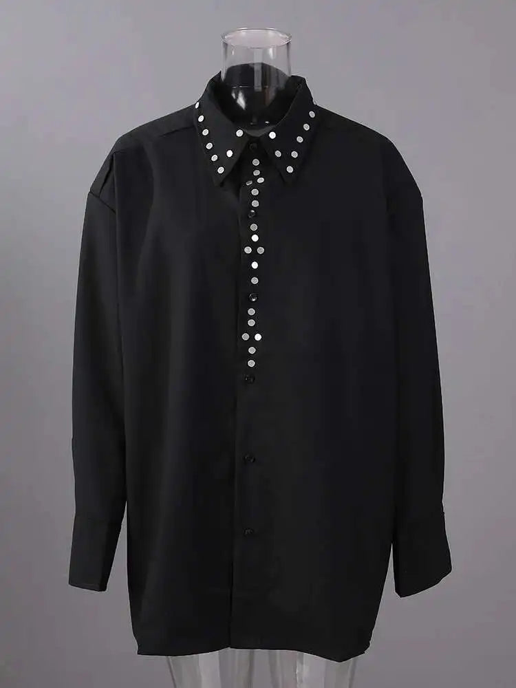 Women White Rivet Spliced Big Size Casual Blouse New Lapel Long Sleeve Shirt Fashion Tide Spring Autumn 2025 CPG2917