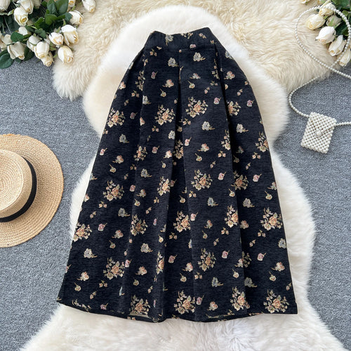 Load image into Gallery viewer, French Retro Women Fashion Bohemian Black Floral Elegant Party Long Skirt Streetwear Autumn Winter High Waist Pleated Skirt Chic
