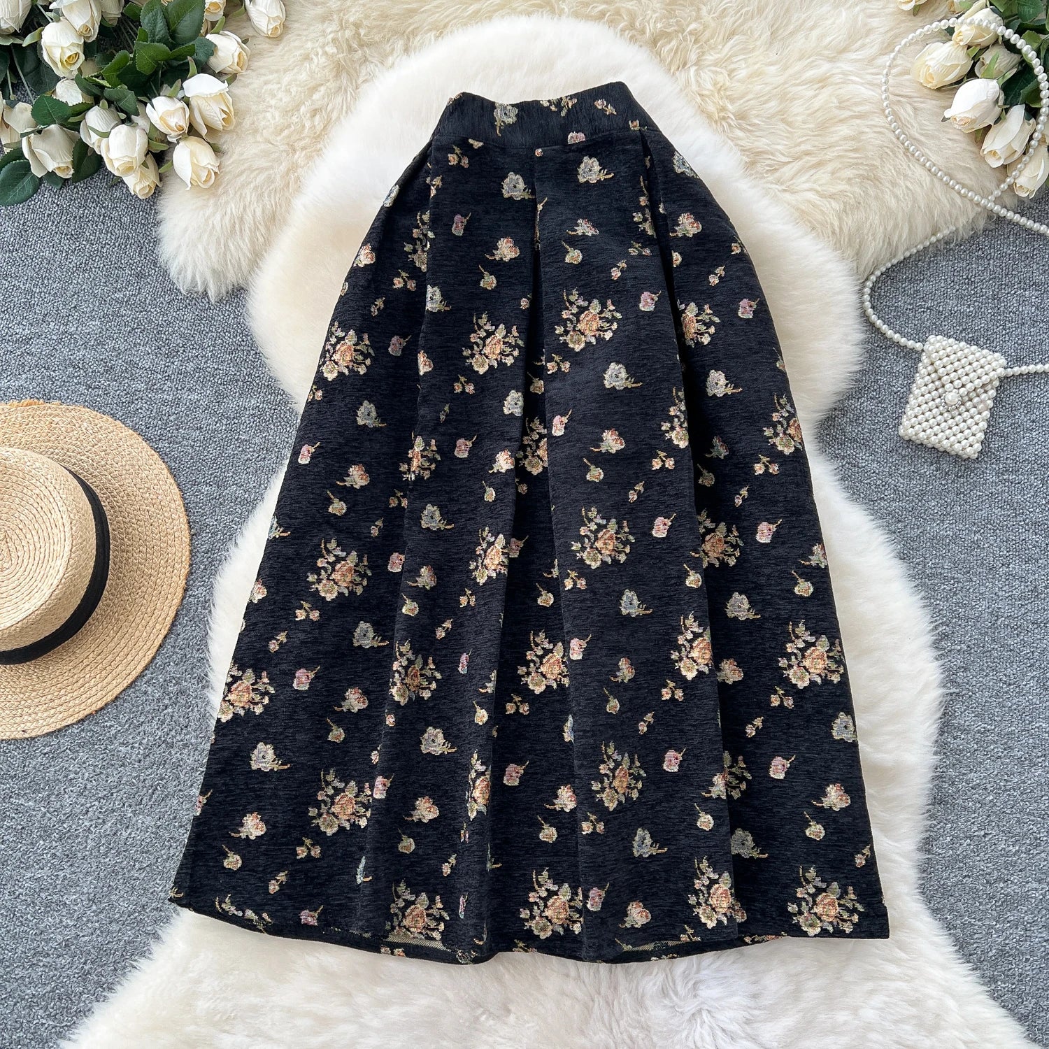 French Retro Women Fashion Bohemian Black Floral Elegant Party Long Skirt Streetwear Autumn Winter High Waist Pleated Skirt Chic