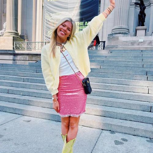 Load image into Gallery viewer, Sequin Summer Beach Sexy Skirt Women Elegant Sparkle High Waist A-line Skirts Female Pink Vacation Club Party Skirt
