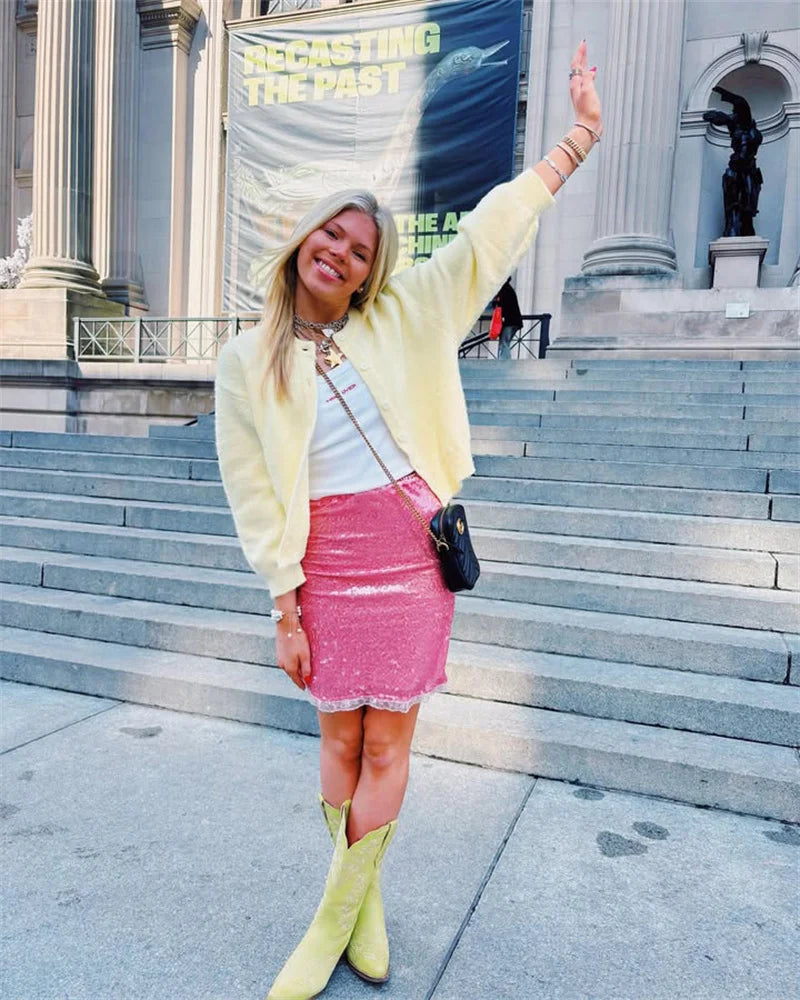 Sequin Summer Beach Sexy Skirt Women Elegant Sparkle High Waist A-line Skirts Female Pink Vacation Club Party Skirt