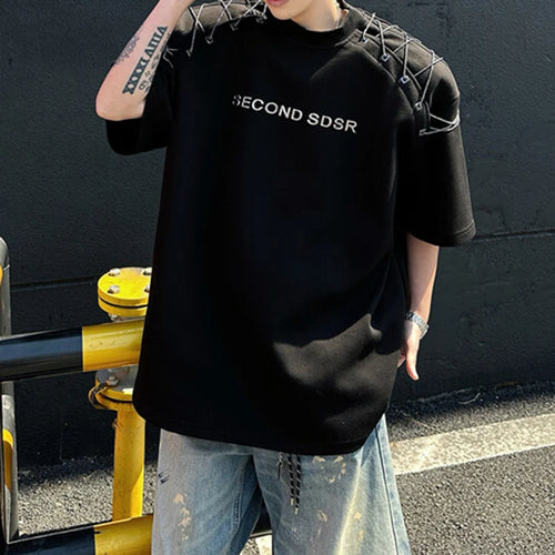 Load image into Gallery viewer, Men's T-shirts Short Sleeve Summer Letter Print  Design Chain Shoulder Pad Male T-shirt Pullover Solid Color Top 9W1708
