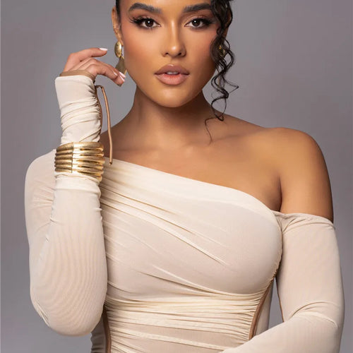 Load image into Gallery viewer, Diagonal Collar Long Sleeve Midi Dress For Women Two Layer Mesh Backless Ruched Bodycon Club Party Sexy Long Dress
