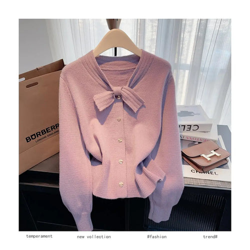 Load image into Gallery viewer, Autumn Winter Solid Elegant V Neck Bow Single Breasted Short Sweater Women's French 2024 New Long Sleeved Slim Knitted Tops Chic
