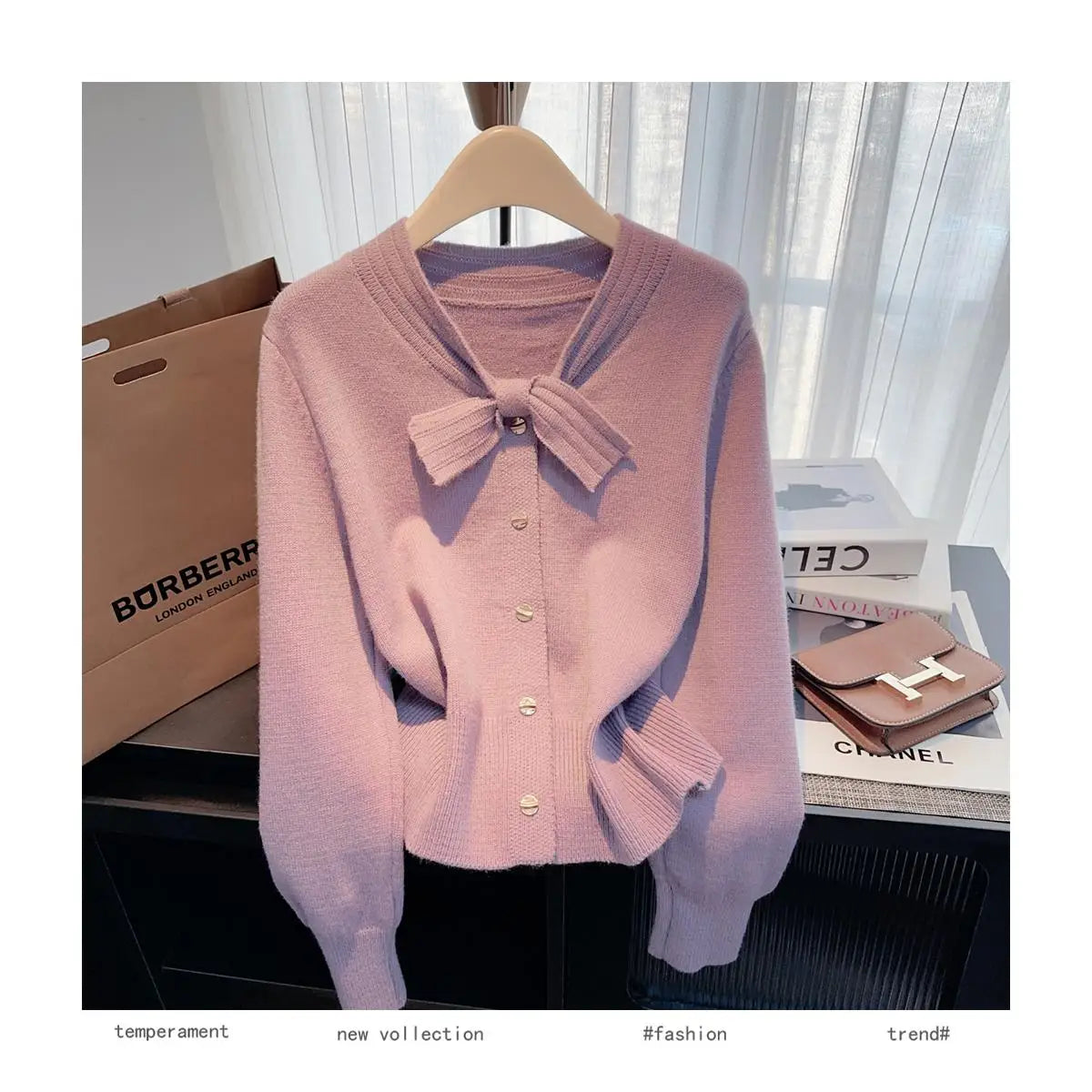 Autumn Winter Solid Elegant V Neck Bow Single Breasted Short Sweater Women's French 2024 New Long Sleeved Slim Knitted Tops Chic