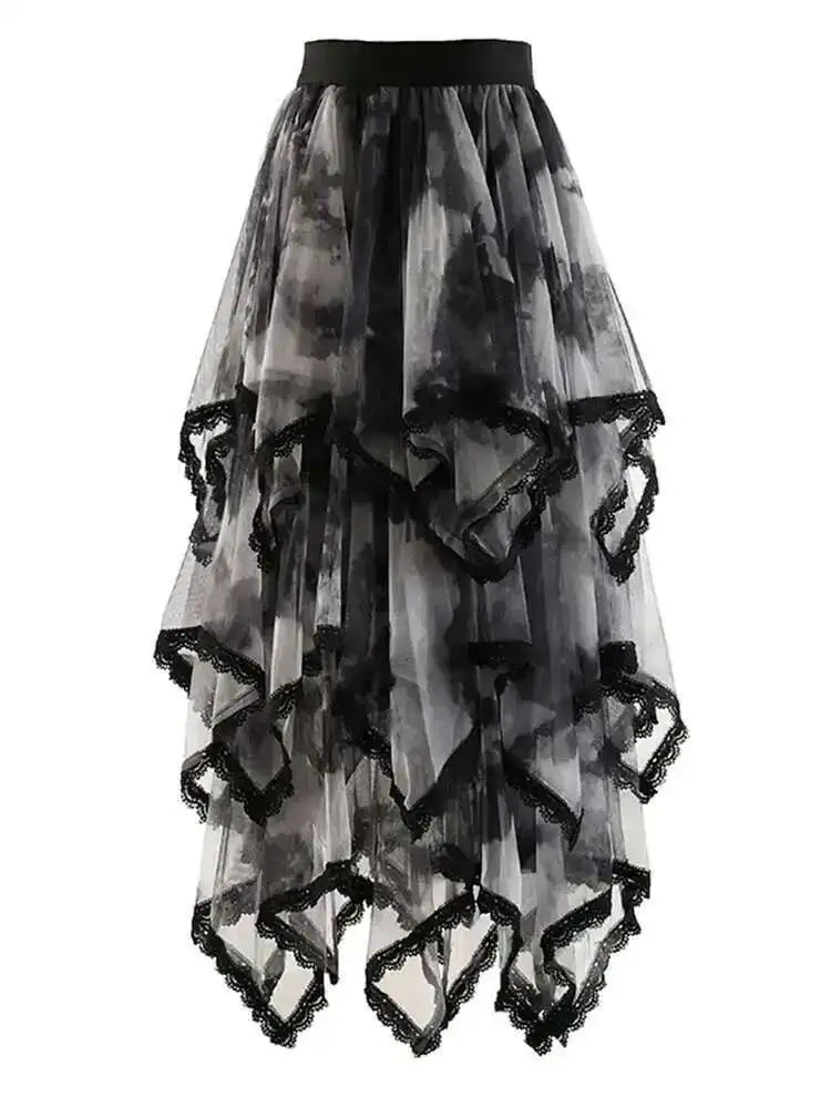 High Elastic Waist Red Irregular Lace Mesh A-line Midi Half-body Skirt Women Fashion Tide New Spring Autumn 2025 1DH9407