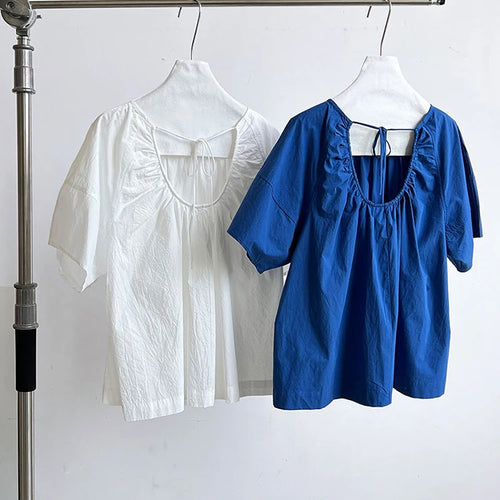 Load image into Gallery viewer, Women Blue Back Hollow Out Bandage Big Size  Blouse New Round Neck Short Sleeve Shirt Fashion Spring Summer 2025 1DJ1082
