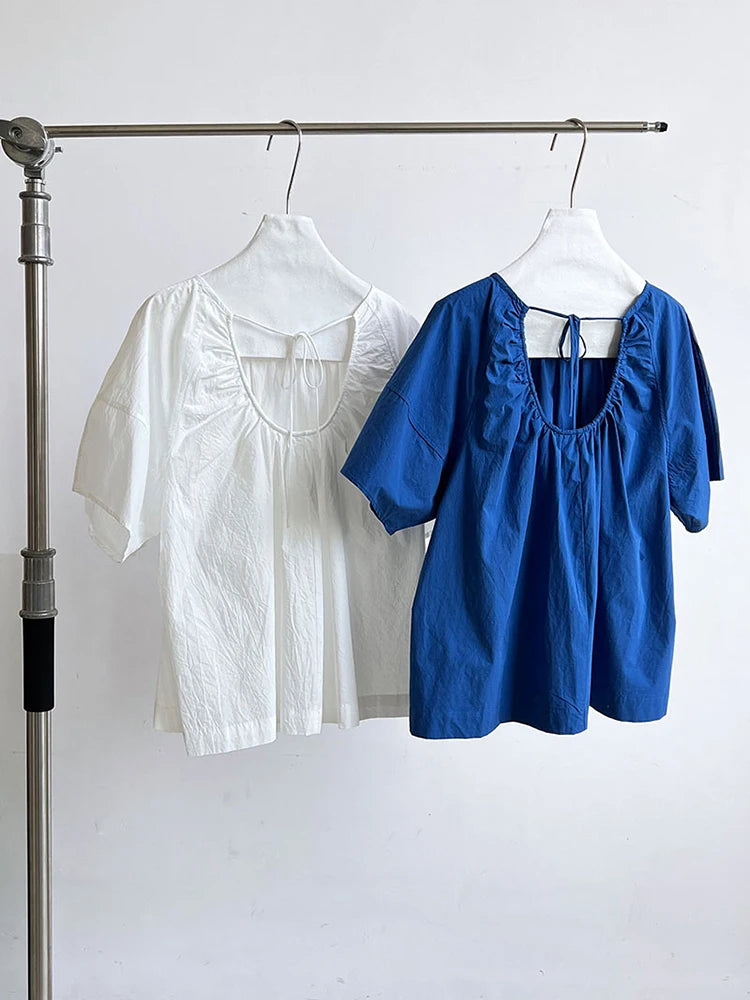 Women Blue Back Hollow Out Bandage Big Size  Blouse New Round Neck Short Sleeve Shirt Fashion Spring Summer 2025 1DJ1082