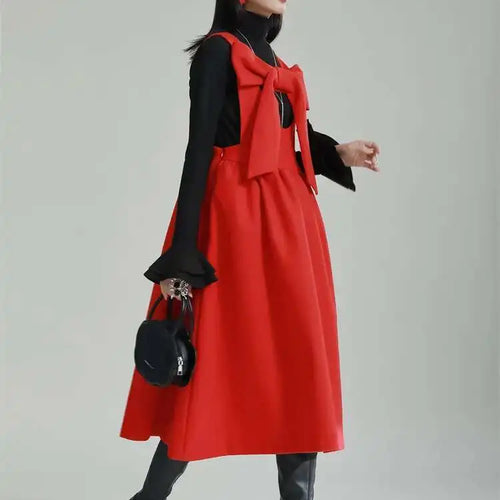 Load image into Gallery viewer, Women Gray Bow Bandage Spliced Long Elegant Woolen Dress New Sleeveless Loose Fit Fashion Tide Autumn Winter 2025 1DF3527
