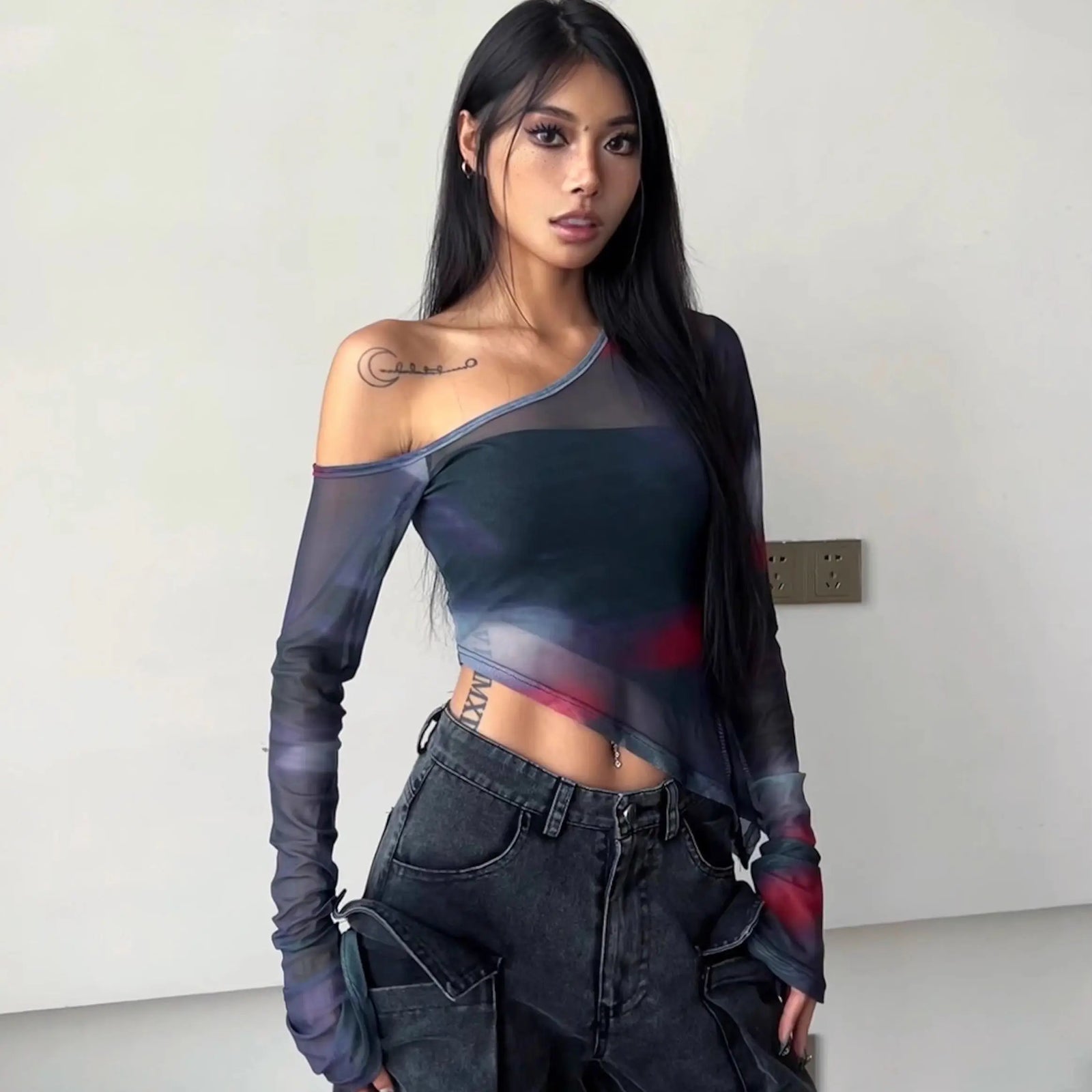 Harajuku Tshirts for Women Crop Tops Off Shoulder Slim Fit Gauze Tees Fashion Summer Y2k T Shirts Irregular Casual Sexy T-shirt