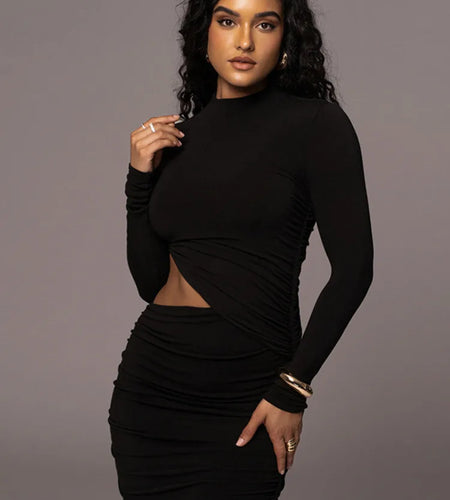 Elegant Women Long Sleeved Sexy Hollow Out Party Evening Dress Pleated Tight Elegant Formal Vestidos Autumn/winter 2025