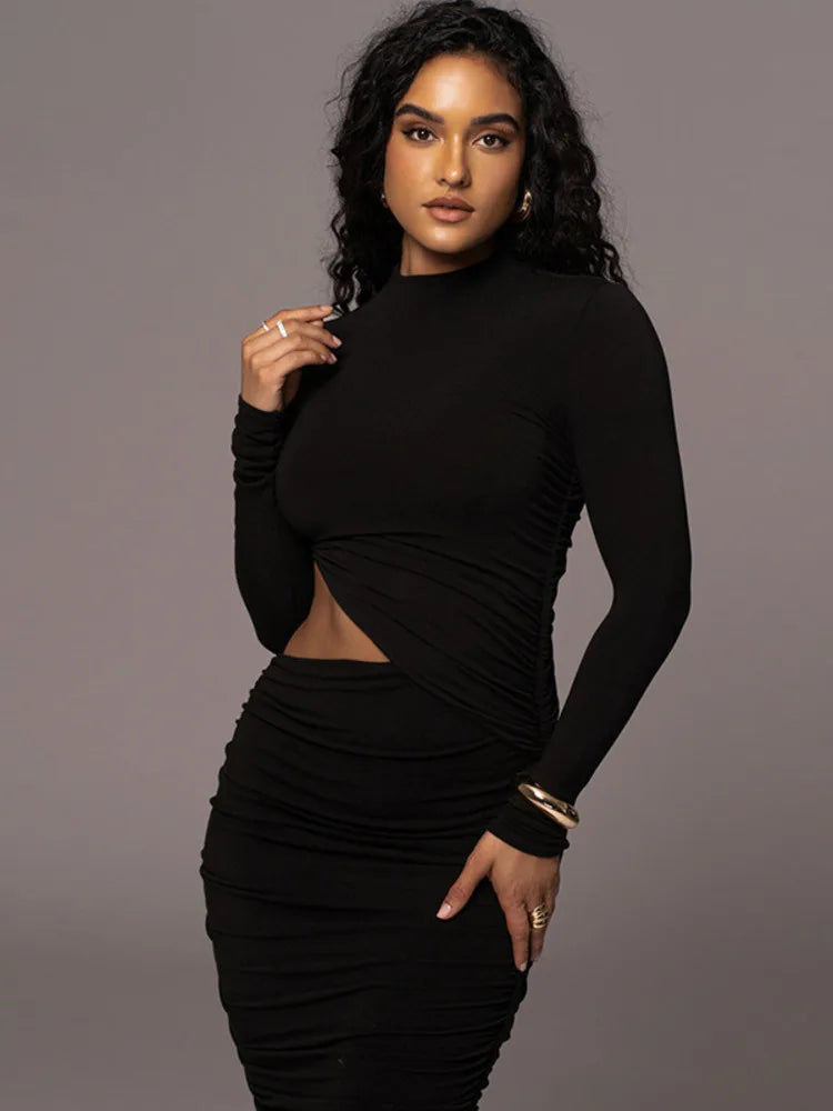 Elegant Women Long Sleeved Sexy Hollow Out Party Evening Dress Pleated Tight Elegant Formal Vestidos Autumn/winter 2025