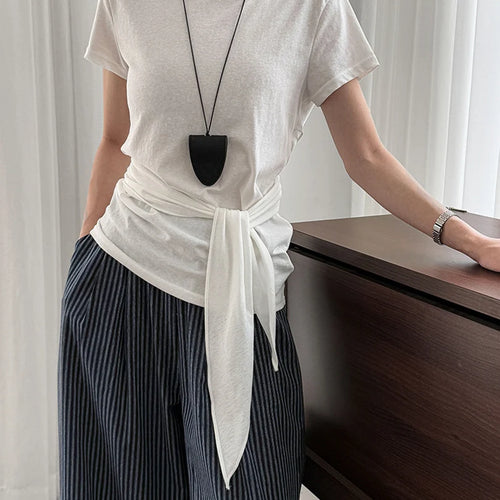 Load image into Gallery viewer, Women White Gray Waist Bandage Brief Elegant T-shirt New Round Neck Short Sleeve Fashion Tide Spring Summer 2025  1DJ1897
