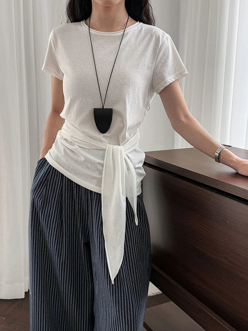 Women White Gray Waist Bandage Brief Elegant T-shirt New Round Neck Short Sleeve Fashion Tide Spring Summer 2025  1DJ1897