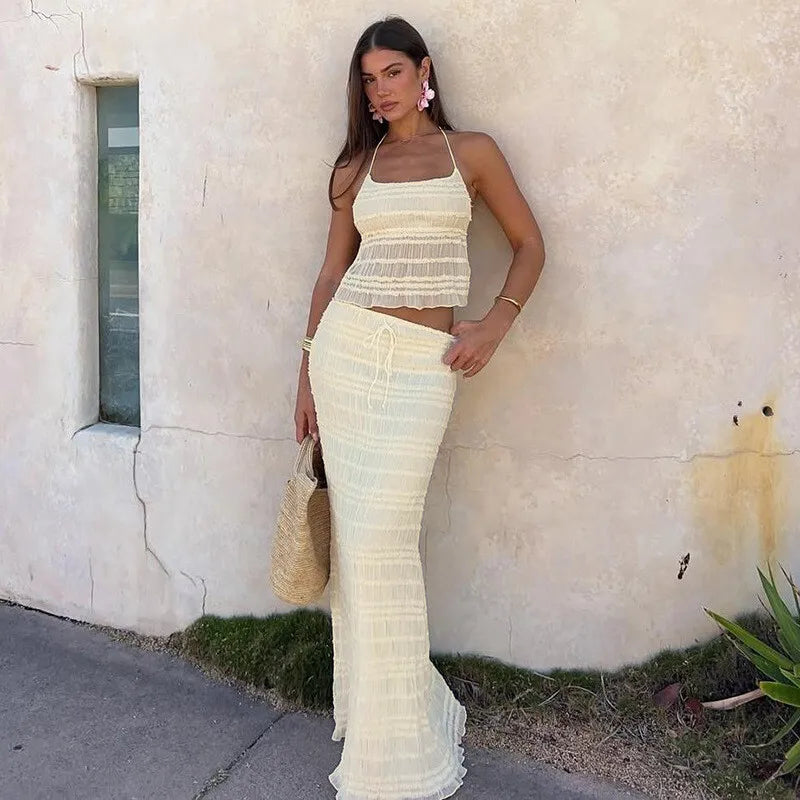 Chiffon Lace Sexy Skirt Two Piece Sets Women Halter Crop Tops And Maxi Skirt Ladies Fashion Woman Long Dress Set