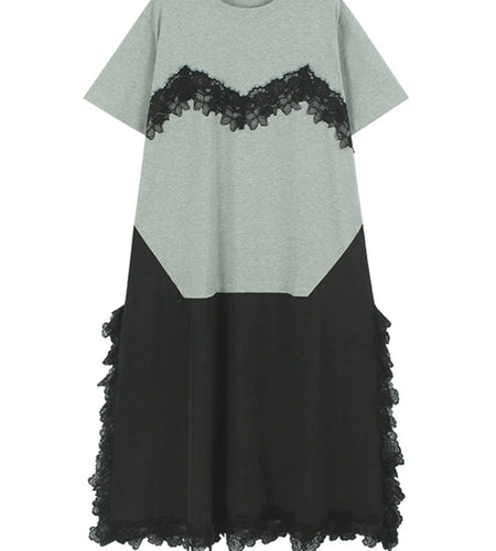 Women Gray Lace Color-block Big Size Midi Dress New Round Neck Short Sleeve Fashion Tide Spring Summer 2025 1DJ0921