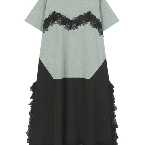 Load image into Gallery viewer, Women Gray Lace Color-block Big Size Midi Dress New Round Neck Short Sleeve Fashion Tide Spring Summer 2025 1DJ0921
