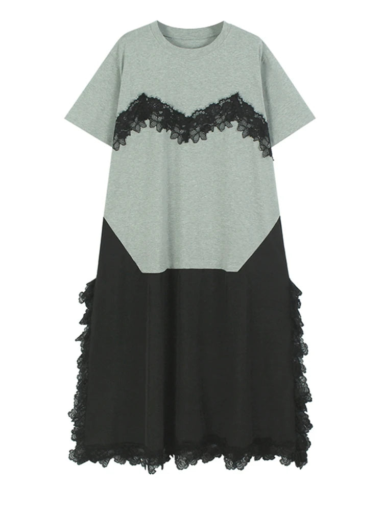 Women Gray Lace Color-block Big Size Midi Dress New Round Neck Short Sleeve Fashion Tide Spring Summer 2025 1DJ0921