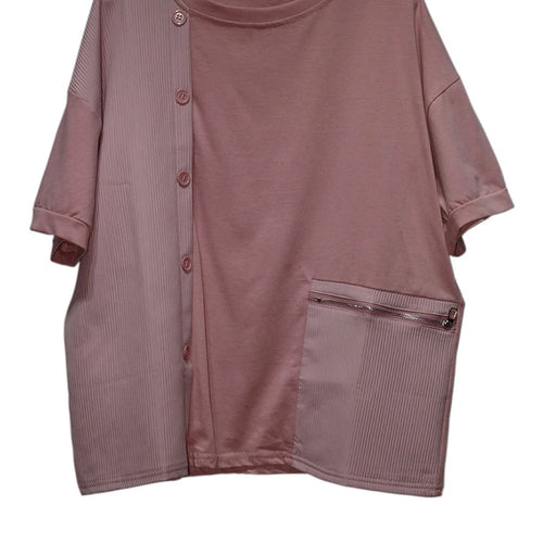 Load image into Gallery viewer, Women Black Zipper Pocket Irregular Big Size T-shirt New Round Neck Short Sleeve Fashion Tide Spring Summer 2025  1DJ0561
