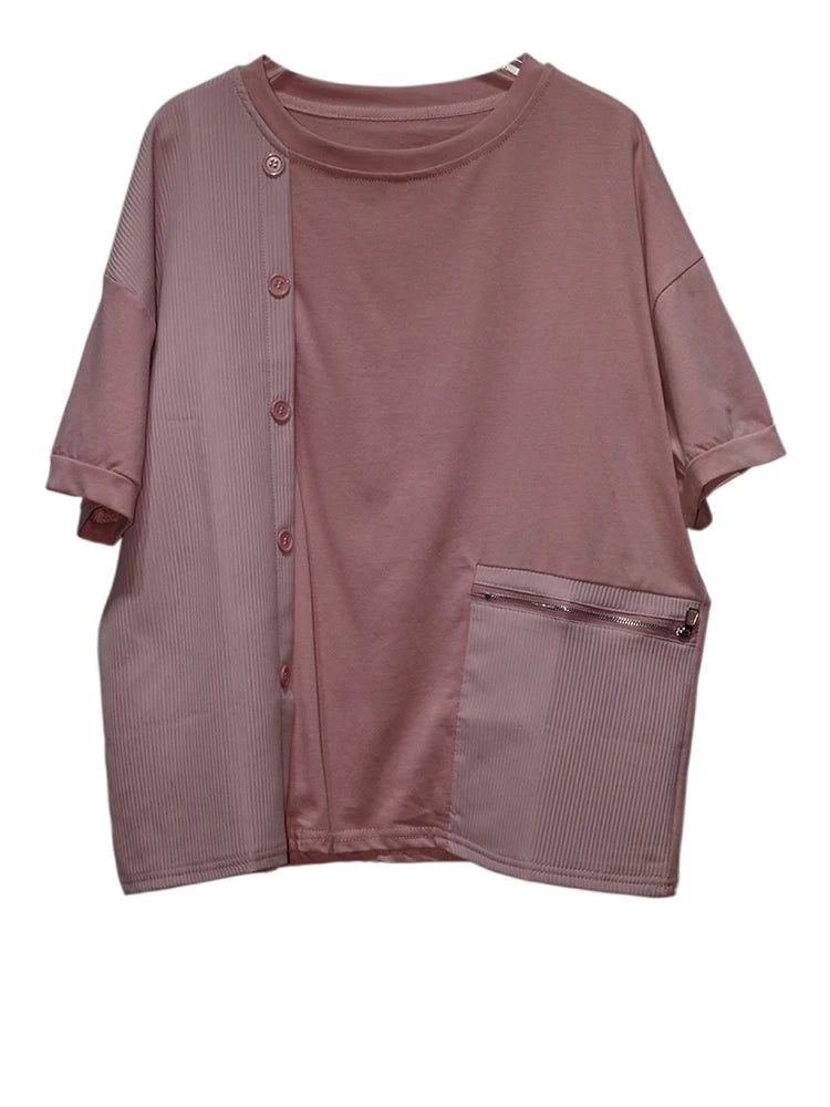 Women Black Zipper Pocket Irregular Big Size T-shirt New Round Neck Short Sleeve Fashion Tide Spring Summer 2025  1DJ0561