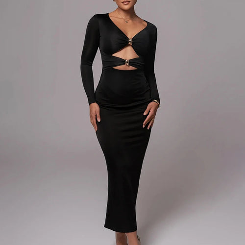 Load image into Gallery viewer, Hollow out long sleeve sexy maxi dress for women fashion solid V neck back split bodycon club long dress elegant

