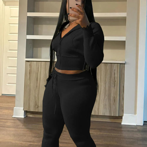 Load image into Gallery viewer, Sporty 2 Piece Set Women Hooded Cardigan Crop Jacket+Drawstring Straight Pants Fit Simple Classic Basic Casual Tracksuit
