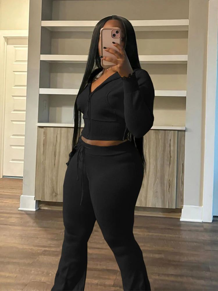 Sporty 2 Piece Set Women Hooded Cardigan Crop Jacket+Drawstring Straight Pants Fit Simple Classic Basic Casual Tracksuit