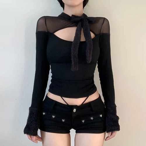 Load image into Gallery viewer, Coquette Top y2k Clothes Women Solid Color Sheer See Through Round Neck Long Sleeve Mesh T Shirt with Bow Streetwear
