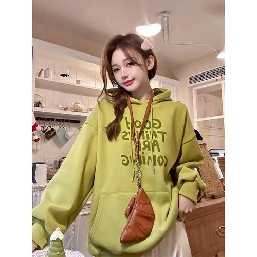 Load image into Gallery viewer, Autumn Winter 2025 Pink Green Letter Printed Elegant Pullover Fashion Short Hooded Sweatshirt Women Grey Long Sleeve Tops Trendy
