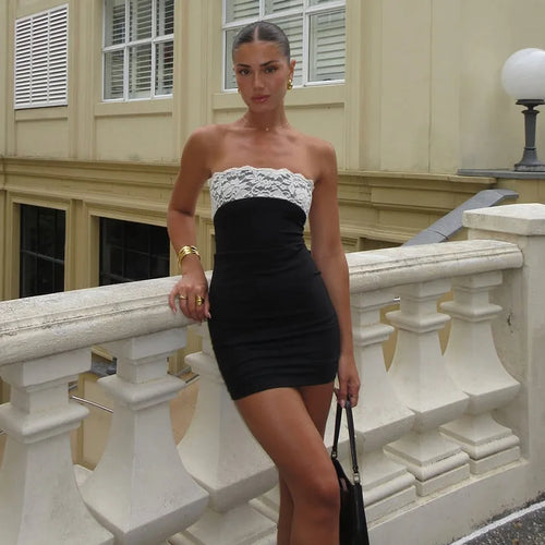 Load image into Gallery viewer, Lace Strapless Sexy Mini Dress For Women Robe Patchwork Off-shoulder Sleeveless Backless High Waist Bodycon Club Dress
