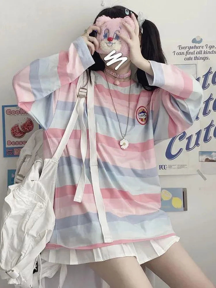 Rainbow Pullovers Women Striped Long Sleeve Top Autumn Spring Harajuku School Kawaii Korean Style Oversized Top