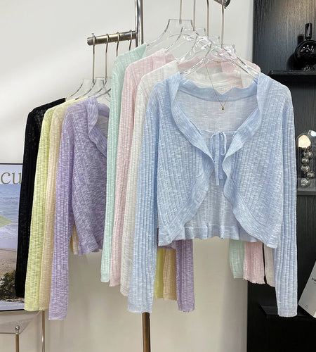 Summer Women Thin Sunscreen Cardigan Lace-up Knitwear Tops Female Korean Style Ruffled Edge Long Sleeve Short Coat Casual