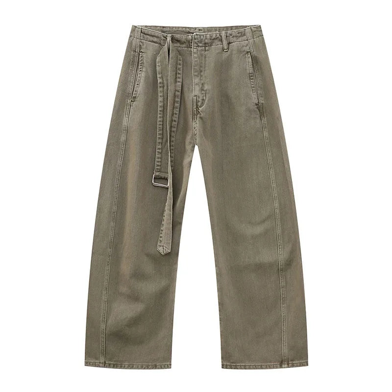 Men's Jeans Straight Leg Design New Korean Handsome Solid Color Denim Pants Belt Loose Fashion Male Bottoms Spring 9W1590