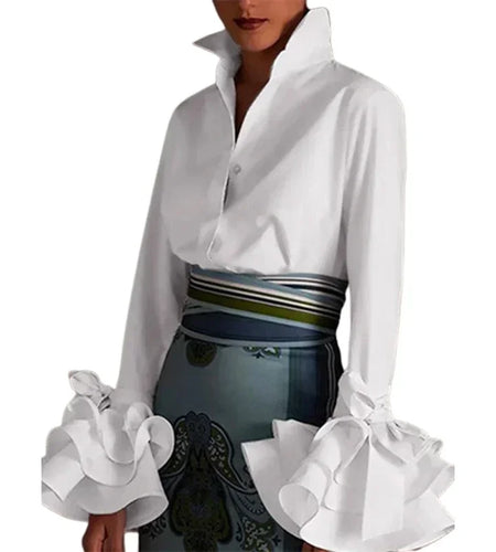 Women's Classic Simple Shirts 2025 Spring Fall Flared Sleeves Falbala Lapel Spring Urban Business Lady Tops Blouse