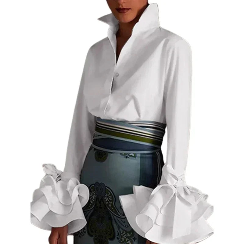 Women's Classic Simple Shirts 2025 Spring Fall Flared Sleeves Falbala Lapel Spring Urban Business Lady Tops Blouse