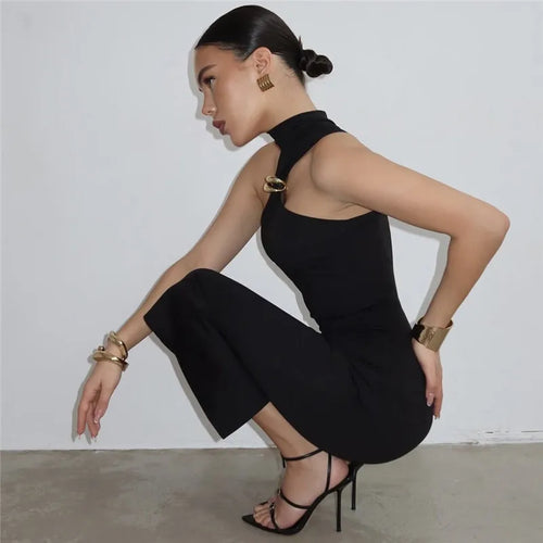 Load image into Gallery viewer, Turtleneck Off-shoulder Sexy Maxi Dress Women Gown Summer New Ring Metal Sleeveless Backless Skinny Knit Long Dress
