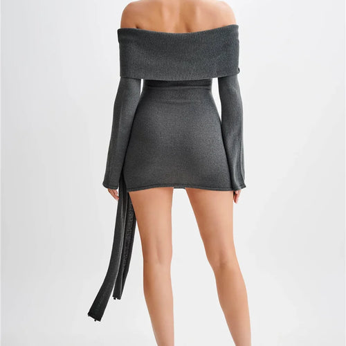 Load image into Gallery viewer, Off-shoulder Knit Mini Dress For Women Autumn Winter New Strapless Backless Long Sleeve Ruched Draped Knitted Dress
