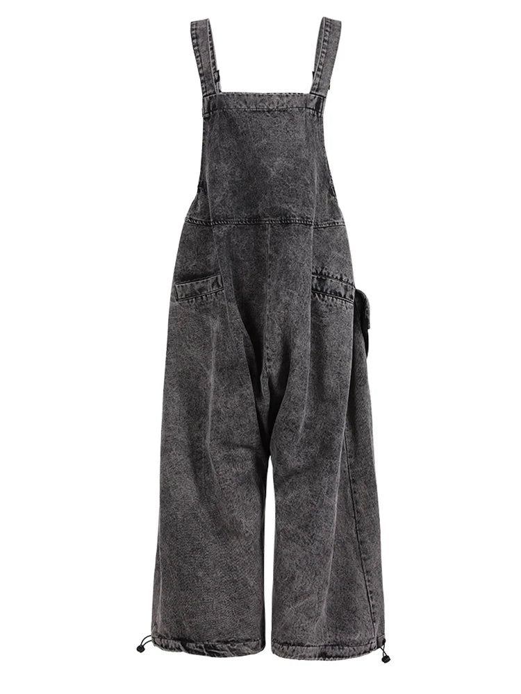 High Waist Blue Pocket Big Size Denim Overalls Trousers New Loose Fit Pants Women Fashion Tide Spring Autumn 2025 1K16401