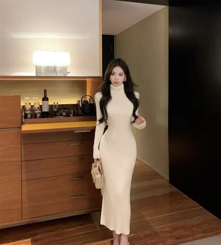 New Solid High Collar Long Sleeve Festival Knitted Dress Autumn Winter French Fashion Slim Long Sleeves Elegant Wrap Hip Dresses