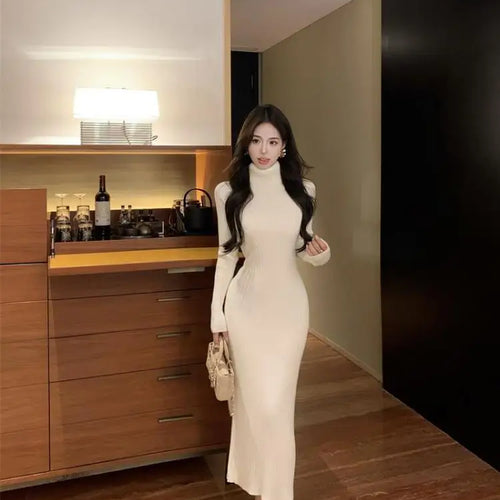 Load image into Gallery viewer, New Solid High Collar Long Sleeve Festival Knitted Dress Autumn Winter French Fashion Slim Long Sleeves Elegant Wrap Hip Dresses
