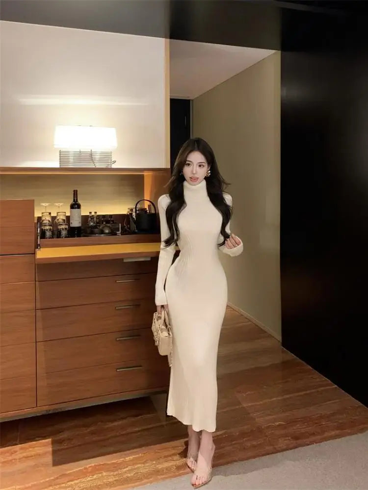 New Solid High Collar Long Sleeve Festival Knitted Dress Autumn Winter French Fashion Slim Long Sleeves Elegant Wrap Hip Dresses