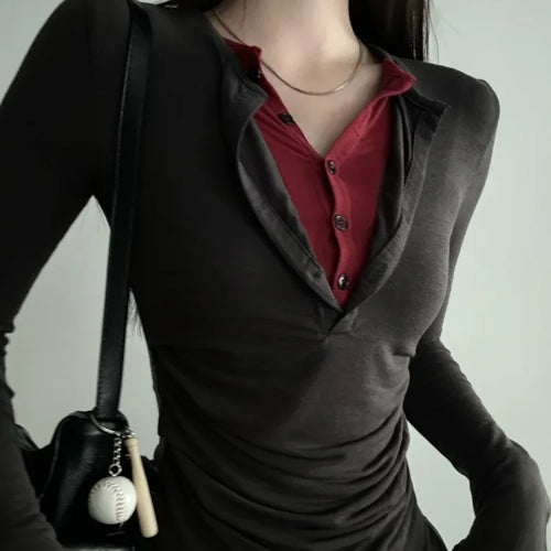 Load image into Gallery viewer, Korean Long Sleeve T Shirts Women's Clothing Patchwork Fake Two Tees O-neck Slim Fit Casual Fashion Y2k Tshirts 2025 Ropa Mujer
