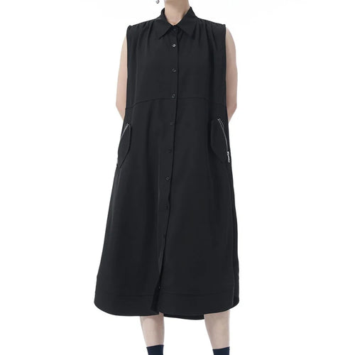 Load image into Gallery viewer, Women Dark Gray Zipper Pocket Big Size Midi Shirt Dress New Lapel Sleeveless Fashion Tide Spring Summer 2025 1DJ0950
